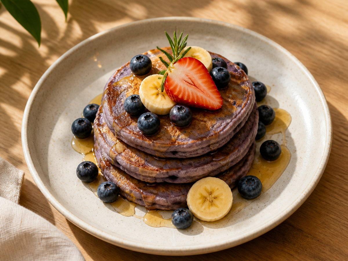 Blue Pancakes con moras y plátano