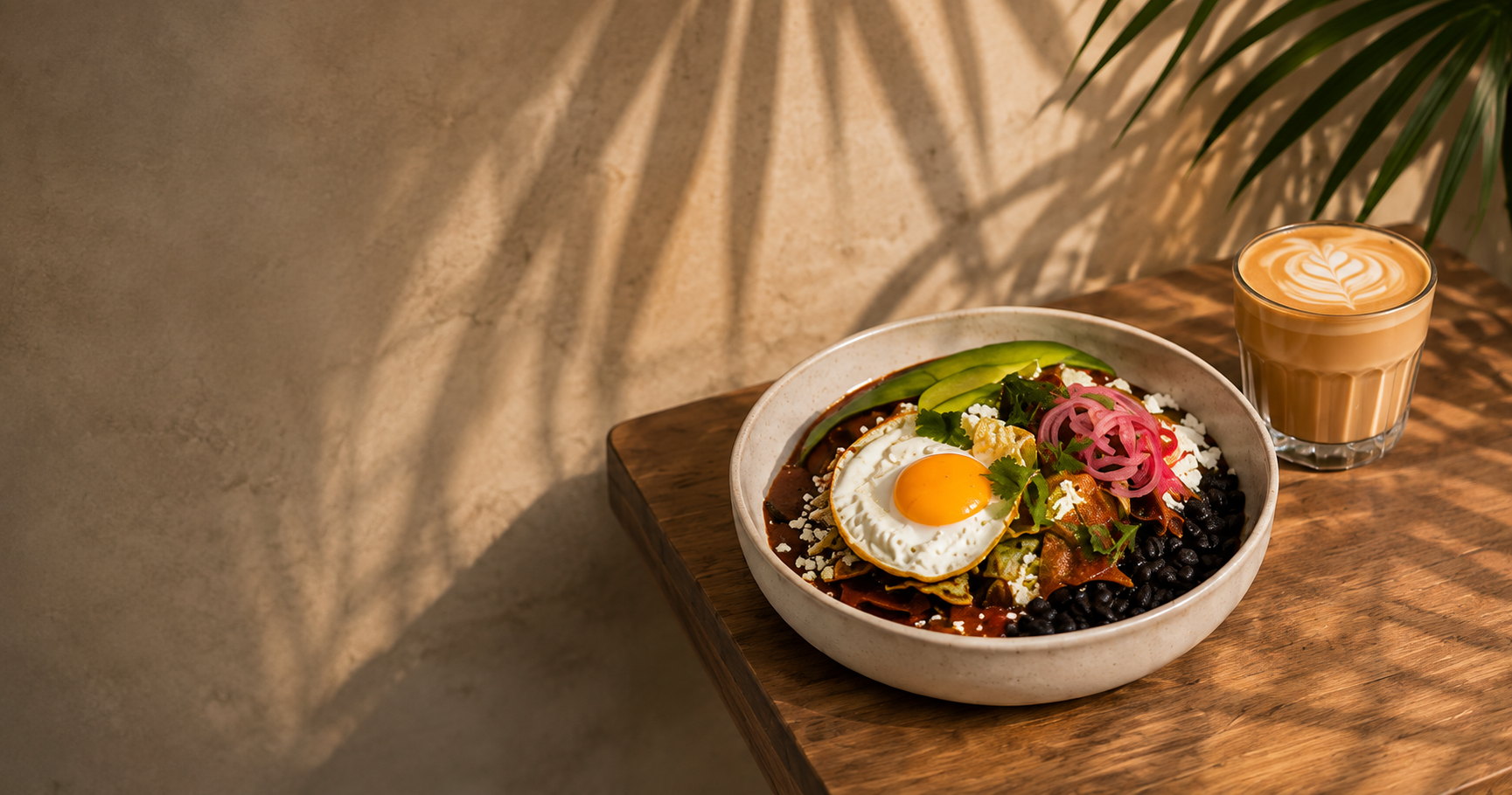 Chilaquiles y café de UKUL Brunch sobre una mesa de madera