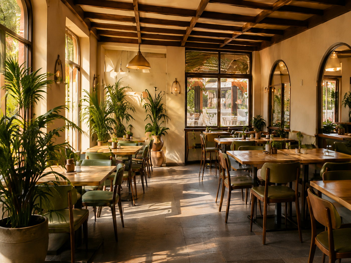 Interior de UKUL Brunch con mesas de madera y plantas